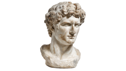 Ancient marble bust of a man with curly hair classical Greek Roman style sculpture isolated on white background