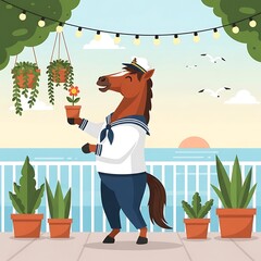 Animated horse in a sailor outfit on a patio admiring a flower pot with ocean and greenery