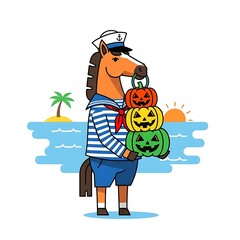 Animated horse in sailor attire holding stacked jack-o'-lanterns by an island. Sun is setting