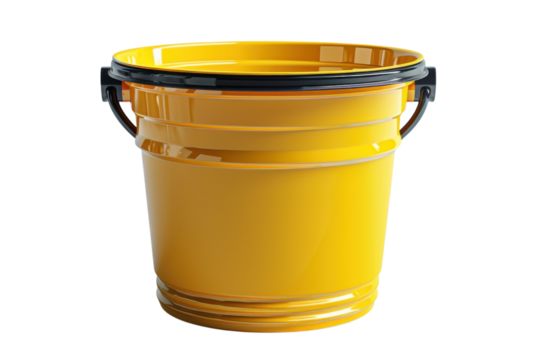 Yellow plastic bucket with black handle for industrial or household use on transparent background
