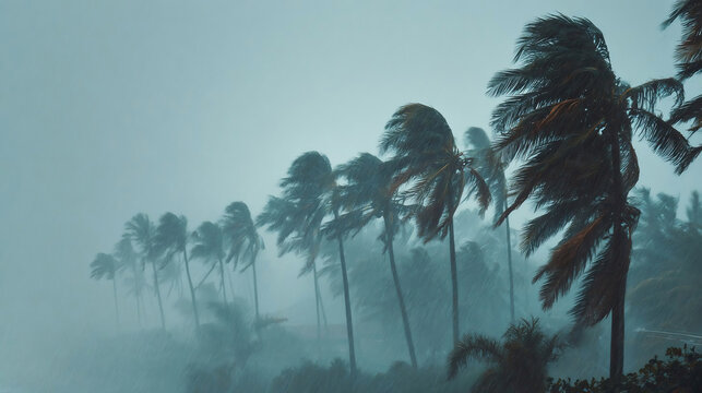 Natural disaster, eyewall hurricane. Strong extreme cyclone wind sways palm trees. Tropical flooding rain season, heavy tropical storm weather
