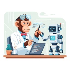 Animated illustration of a chimpanzee in a lab coat and bowtie working with a friendly robot on a computer, coding
