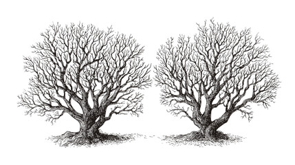 Stylized Illustration of Leafless Trees with Intricate Branch Patterns in Black and White