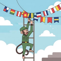 Animated illustration of a monkey in a green uniform climbing a ladder to hang international flags in a sunny sky