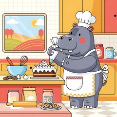Animated image depicting a cheerful hippopotamus chef frosting a cake in a brightly colored kitchen. Contains baking ingredients