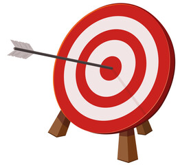 Classic red and white bullseye target, standing on a wooden tripod, hit perfectly in the center by an arrow. Represents success or goal achievement. (cut out)