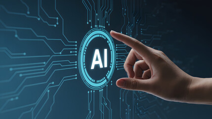 Futuristic AI interface activation with a human finger touching a glowing button on a circuit board background, symbolizing digital innovation
