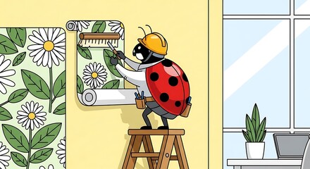 Animated image of a ladybug construction worker applying flowered wallpaper to a wall, standing on a step ladder