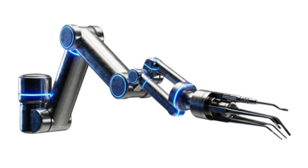 Robotic arm with blue lights isolated on transparent background
