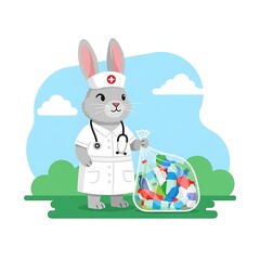 Animated image of a nurse rabbit holding a bag of trash while wearing a uniform and stethoscope. Sky and green grass backdrop