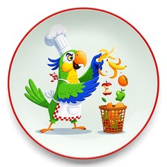 Animated image of a parrot chef sorting food scraps into a compost bin, with a red-rimmed plate
