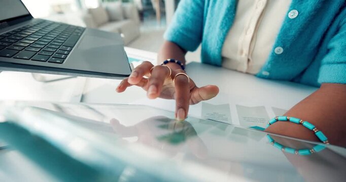 Finance, hands and tablet screen with business woman at desk in office for review of data. Charts, graphs and statistics with financial employee in workplace for accounting or investment planning