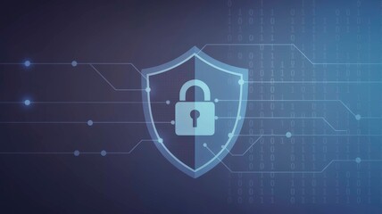 A digital shield icon with a padlock, representing cybersecurity, set against a blue background with binary code and circuit-like lines.