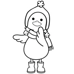 Cute duck in green hat and scarf line art illustration 