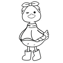 Autumn duck with poncho and bow line art illustration 