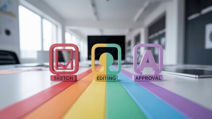 A vibrant workspace featuring icons for sketching, editing, and approval, symbolizing creative processes and collaboration.