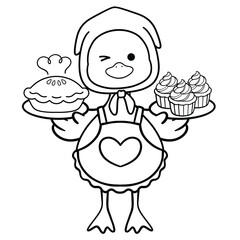 Cute duck in apron serving cupcakes and pie line art illustration 