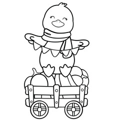 Duck with wooden wagon full of pumpkins harvest scene line art illustration 