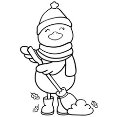 Cute duck sweeping autumn leaves wearing hat and scarf line art illustration 