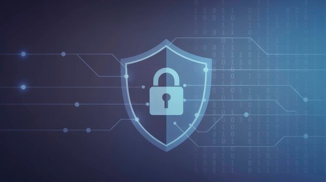 A digital shield icon with a padlock, representing cybersecurity, set against a blue background with binary code and circuit-like lines. - Powered by Adobe