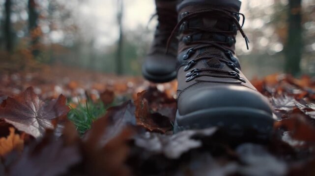 A close-up view of a sturdy hiking boot navigating through a carpet of colorful autumn leaves on a tranquil forest path, showcasing the beauty of nature and adventure.