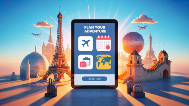 A smartphone interface suggesting travel planning, featuring iconic landmarks and travel-related icons, set against a vibrant sky.