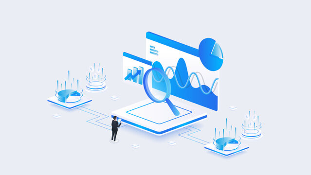 Isometric stock market data analysis with magnifying glass, business financial analytics dashboard, and stock market research concept in blue digital style