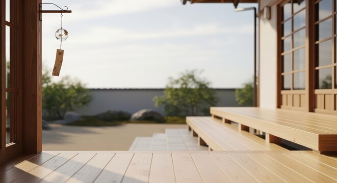 Tranquil japanese-style porch with wind chime and wooden steps in sunlight