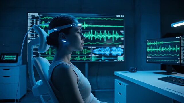 Woman undergoes brain monitoring with headset. Neural signals show as waveforms on monitor. Neurotechnology research uses eeg brainwave analysis. Laboratory shows cerebral imaging on screen