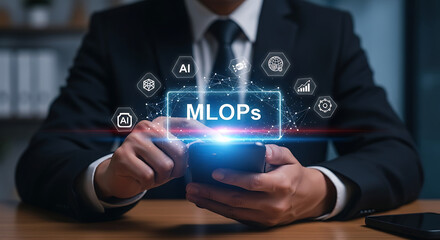 MLOps Concept – Machine Learning Operations Technology, AI Automation and Data Science Integration for Model Deployment and Monitoring

