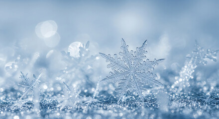 Close up of a delicate snowflake with intricate crystalline details resting on a shimmering, textured surface, evoking a sense of winter magic.