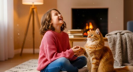 Happy Girl Playing with Cat – Cute Pet Love and Friendship Indoors