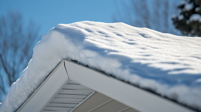 Crisp winter scene featuring snow-covered rooftop under a bright blue sky. The snow's texture adds depth, set against trees and white eaves, capturing the stillness of a cold day.