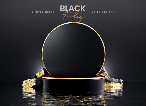 Elegant Black Friday promotion banner template with black podium platform with gold details and water reflection for product display, luxury and exclusive offers in 3D illustration