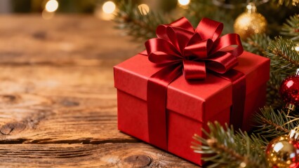 A detailed, festive close-up of a Christmas gift box with a red ribbon, perfect for promoting holiday gifts, gift packaging, and seasonal product offerings.