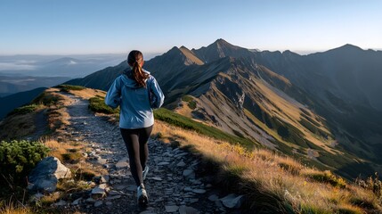 Fototapeta premium Female trail runner exercising on rocky mountain path with panoramic view of peaks and valleys at sunrise