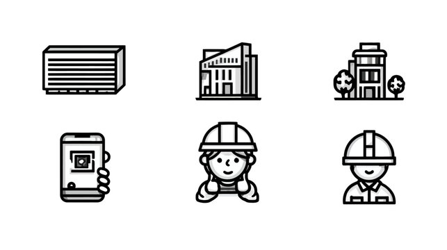 Construction, Architecture & Engineering Icons: Building, HVAC, Worker, Smartphone App Line Art Set