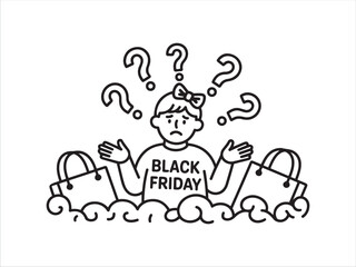 Frustrated Woman with Shopping Bags and Question Marks on Black Friday