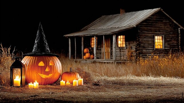 Octane 8K Halloween key visual: witch-hatted pumpkin before dark forest cabin, candles & dry grass, cinematic volumetrics—perfect for poster, streaming cover, game splash
