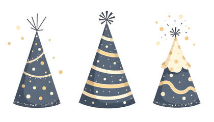 Three dark blue festive party hats decorated with gold stars and dots, surrounded by balloons and sparkles.