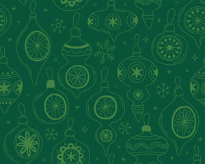 Christmas seamless pattern, doodle outline illustrations of vintage Christmas toys on dark green background. Design for festive wrapping paper, textile, print.