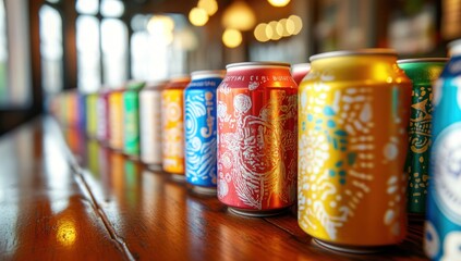 Colorful Variety of Canned Beverages Displayed on a Wooden Counter