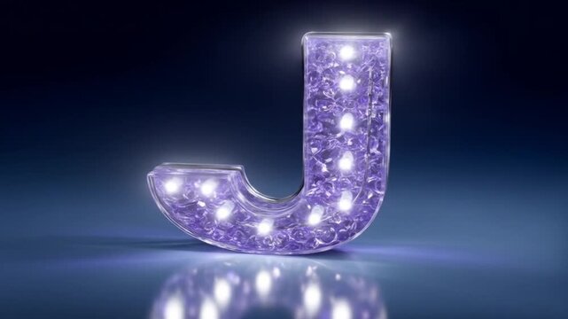 Glittering purple letter j on reflective surface with glowing effect