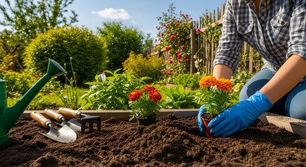 Man Planting Flowers in Garden – Gardening and Nature Care Concept