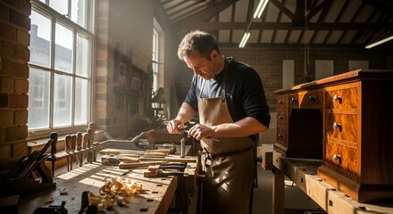 Carpenter Making Wooden Furniture – Professional Craftsman Working in Workshop