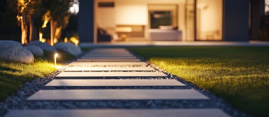 Serene evening at a modern house, Illuminated path to elegant living