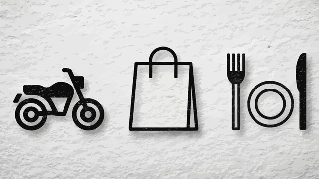 E-commerce logistics concept with motorcycle, shopping bag, and dining icons for online ordering, food, and retail delivery services