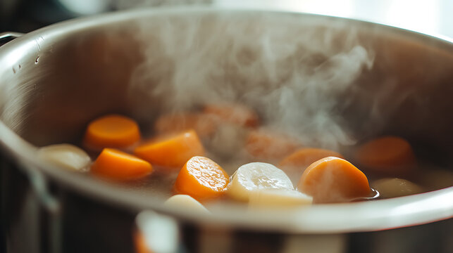 Steaming vegetables in a pot, perfect for a healthy meal. The water is boiling, creating a flavorful broth. Carrots and turnips are the main focus of this dish.
