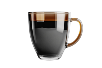 Elegant glass coffee mug filled with dark liquid against a black backdrop for a minimalist aesthetic on transparent background