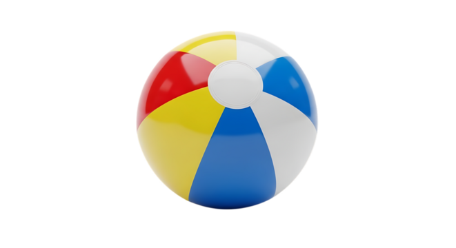 Colorful beach ball with red yellow blue and white panels, isolated on a white or transparent background, cutout, PNG